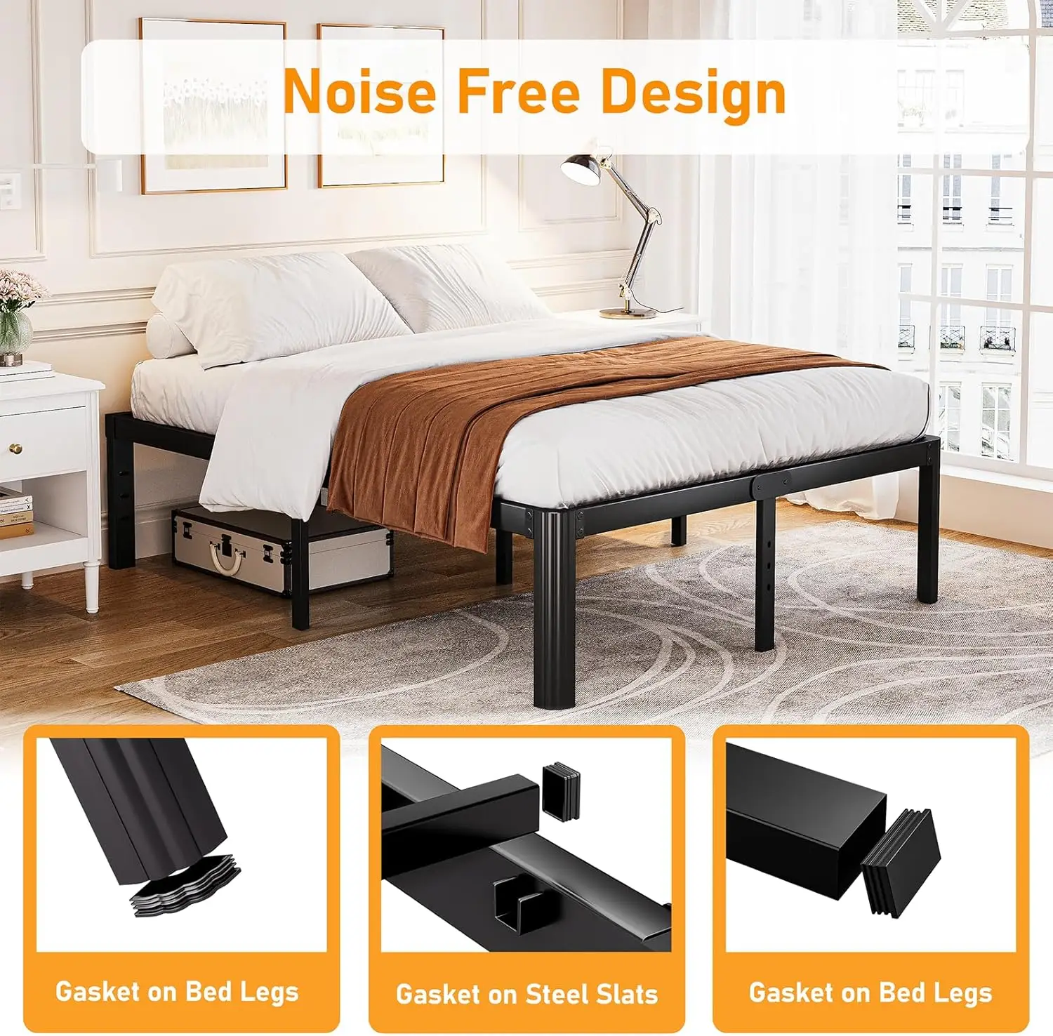 إطار سرير مقاس كينج من Askeld، سرير بمنصة معدنية عالية 14 بوصة مع أرجل زاوية مستديرة، لا حاجة إلى صندوق زنبركي، شديد التحمل وخالي من الضوضاء B #5