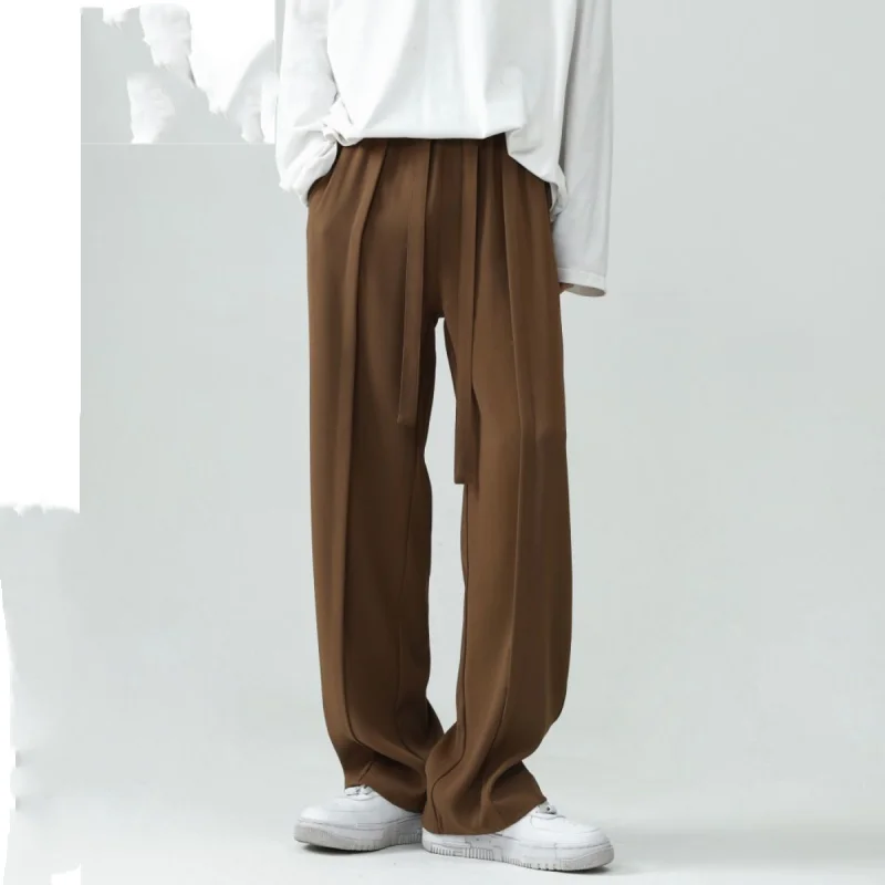 2023 Spring Autumn Solid Color Fashion Elastic Waist Drawstring Wide Leg Trousers Man Casual High Street Vintage Straight Pants