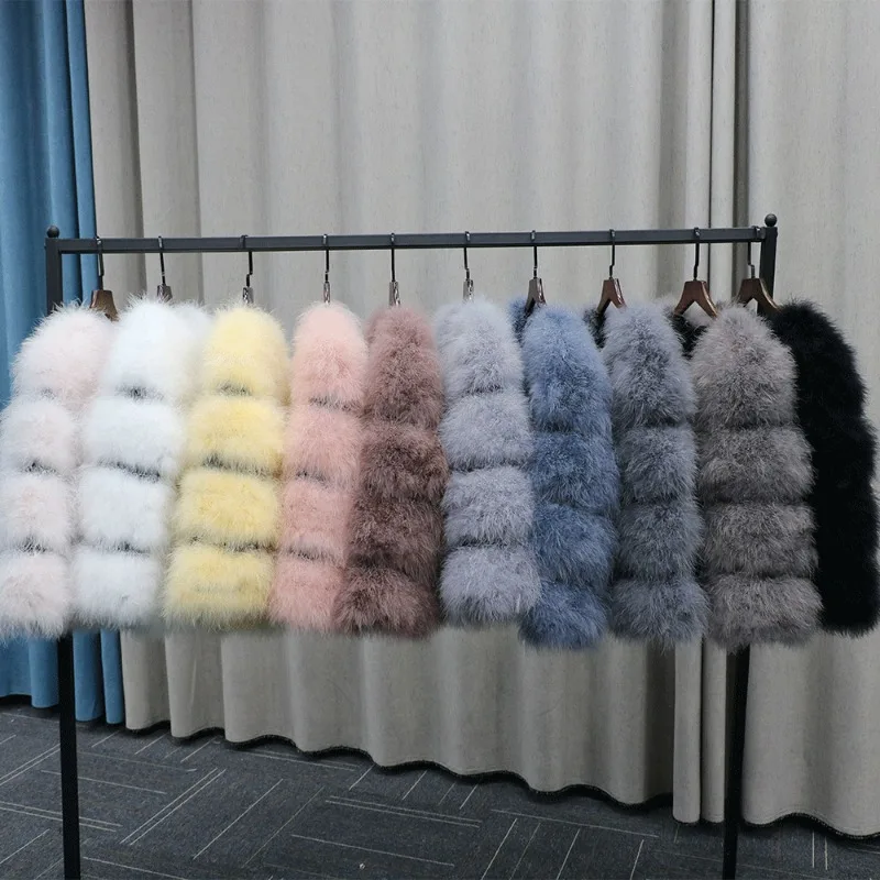 Real Ostrich Fur Feather Coat Short Jacket Furry Fluffy Party Long Sleeve Winter Women Coat Outerwear Plus Size Puffy Turkey Fur