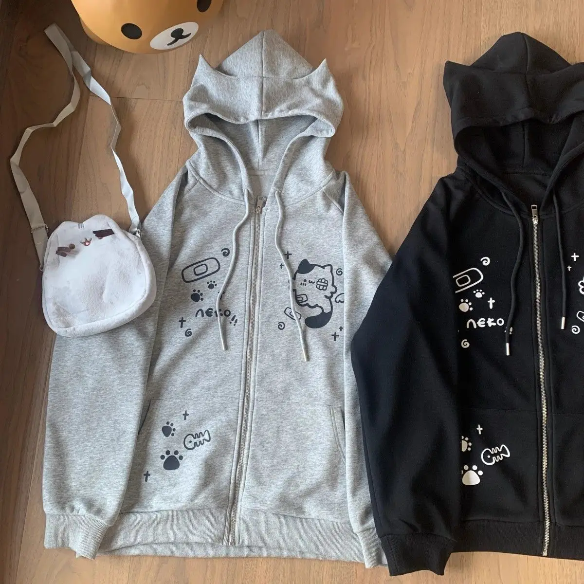 Japanese Casual Hoodies Women Kawaii Drawstring Sweatshirt Grunge Clothes Girl Y2k Aesthetic Cartoon Print Harajuku Streetwear