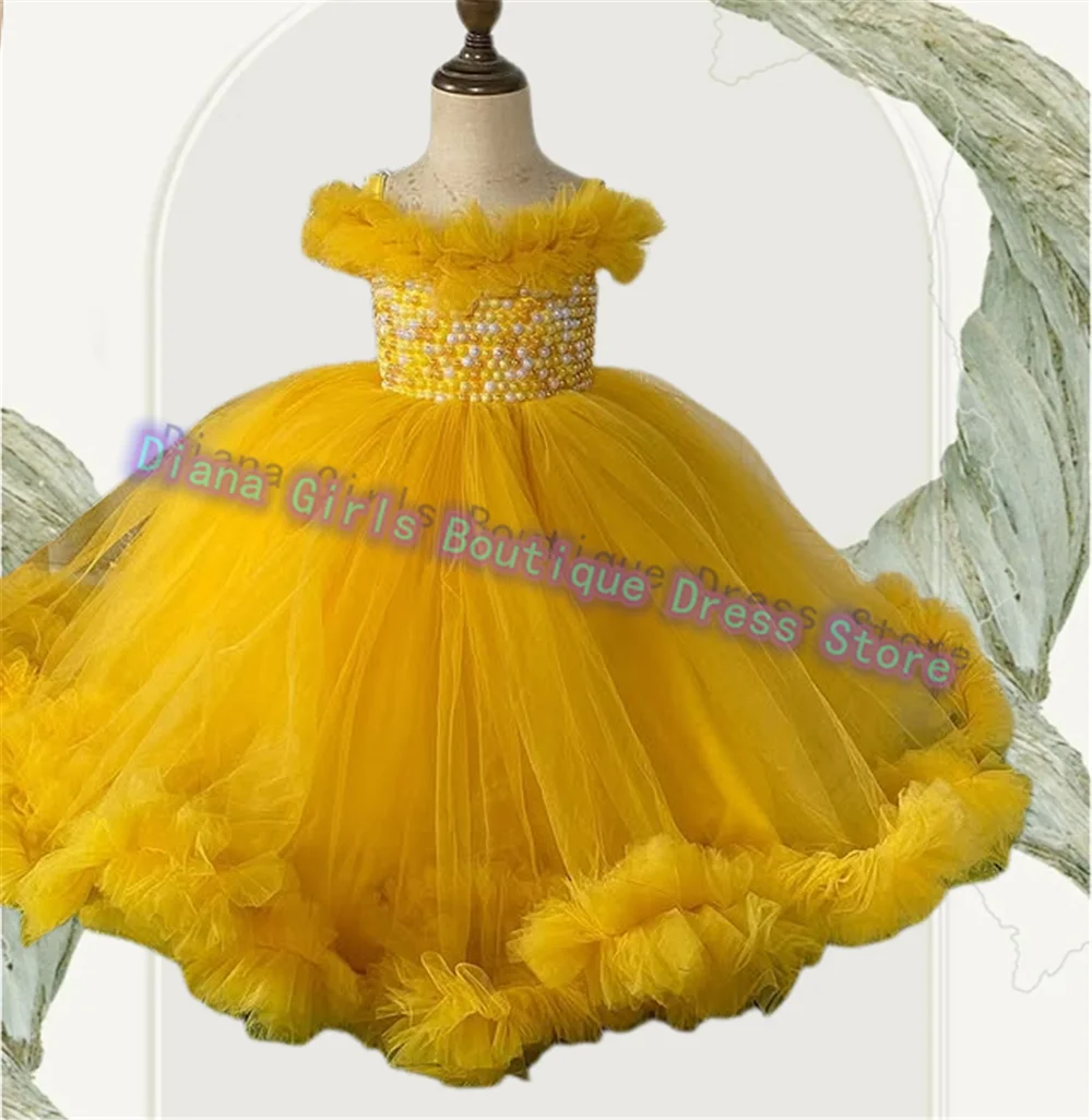

Gorgeous Yellow Flower Girl Dress Pearl Appliqué Tulle Fluffy For Wedding Dresses Princess Kids Birthday Party Evening Gowns