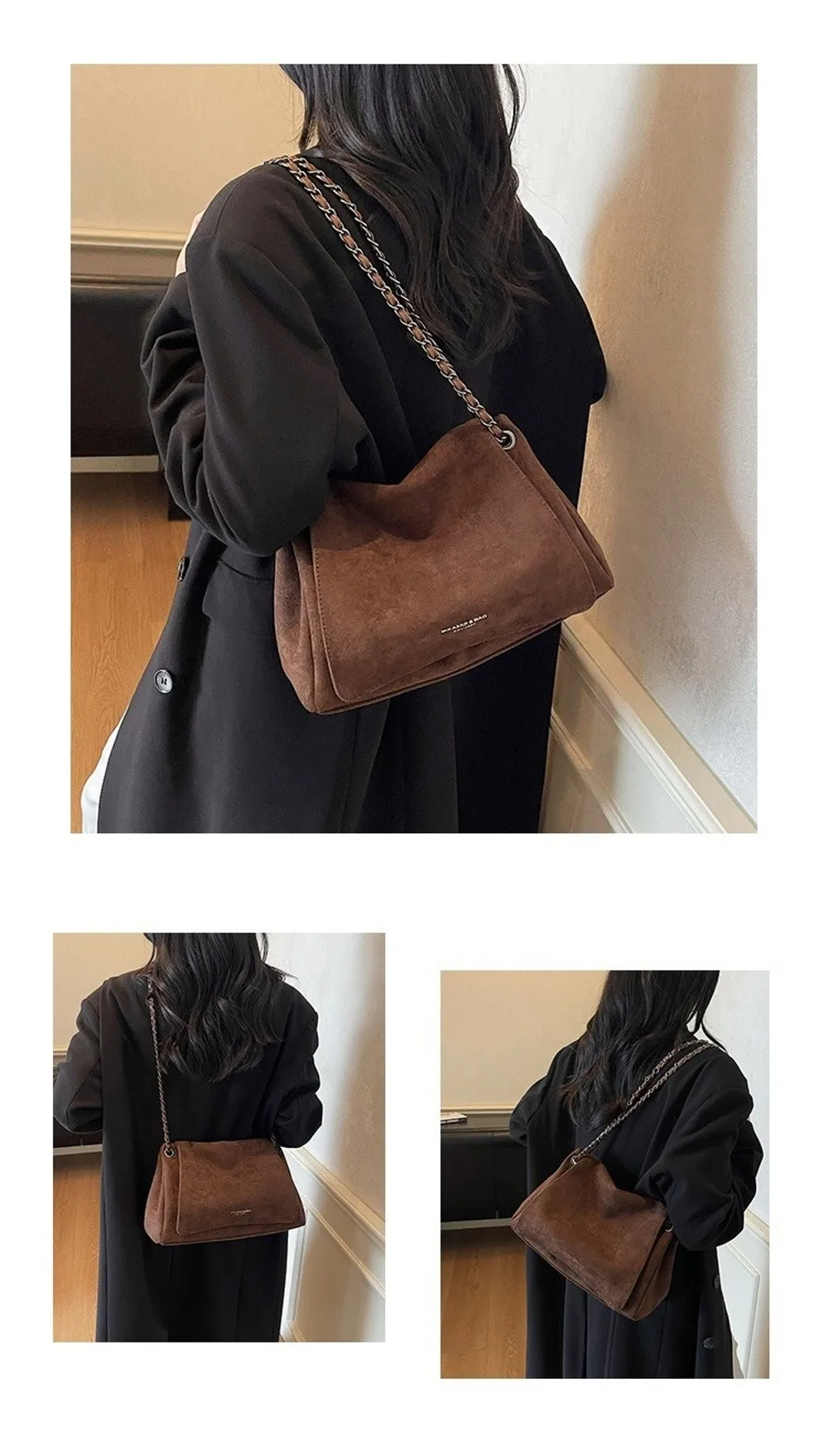 Elegante Retro Damen Schultertasche aus Wildleder, Große Kapazität, Handtasche, Umhängetasche, Einfarbig, Ketten-Unterarmtasche, Herbst Winter – Detail 6