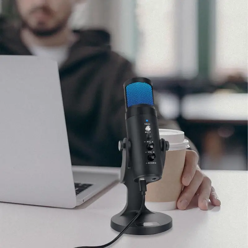 USB Microphone USB Condenser Mic With Quick Mute RGB Indicator Anti-Vibration Shock Mount Pop Filter Gain Control Gaming