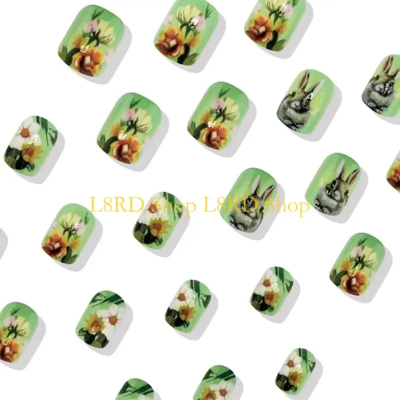 L8RD 24 Pcs Green Artificial Short Square Full Cover False Easter Rabbits on Flowers Press On