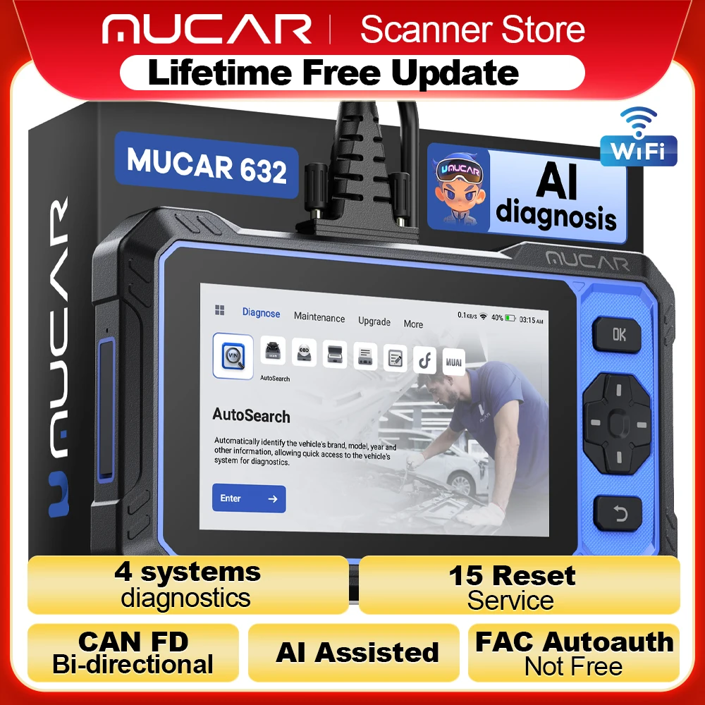 MUCAR 632 OBD2 Diagnostic Tool AI Assisted Bi-directional CANFD Protocal ECM/TCM/ABS/SRS Diagnosis 15 Reset Lifetime Free Update