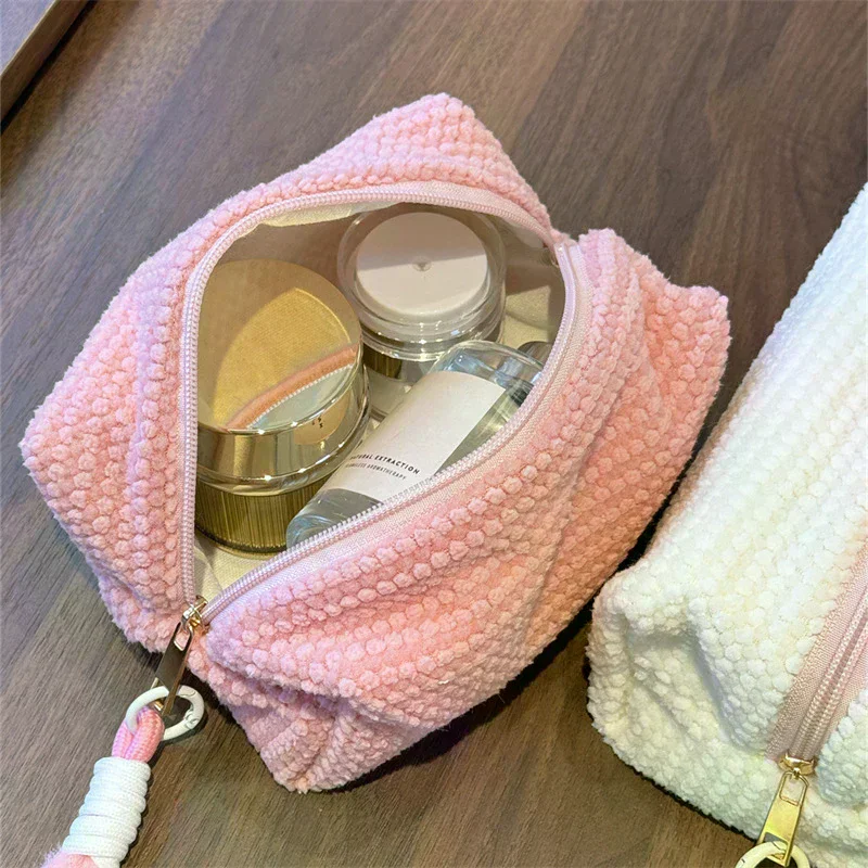 2026 New Ins Sweet Girl Candy Color Plush Large Capacity Makeup Bag Washbag Travel Portable Handheld Small Storage