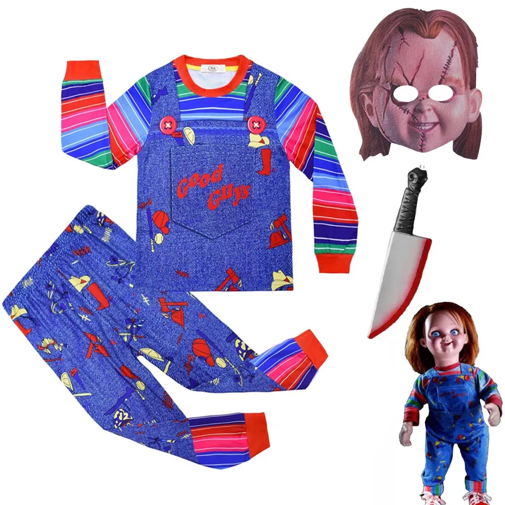 Ropa de Chucky para niños y niñas, camiseta larga, pantalones, vestido, máscara gratis, muñecos fantasma, pijamas de Cosplay, traje de fiesta de Carnaval, regalo de Navidad
