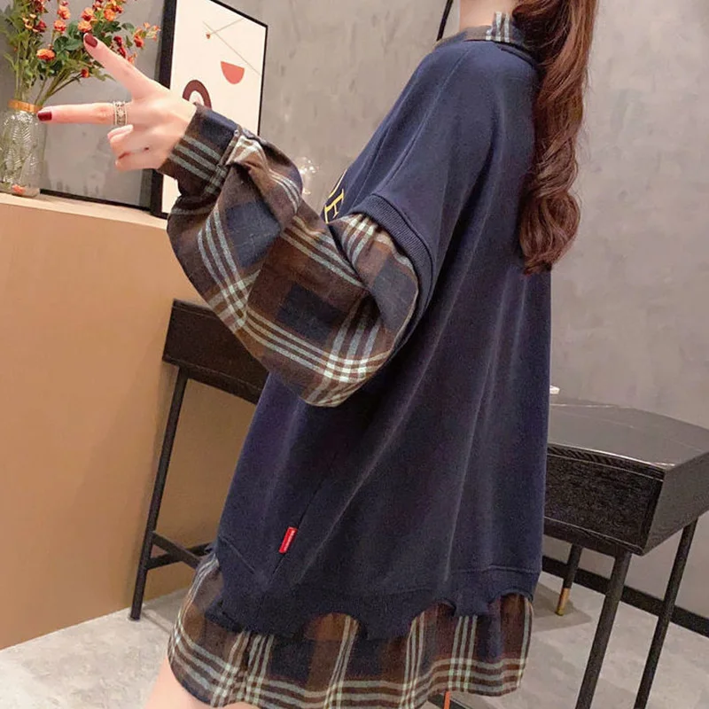 Autumn Korean Patchwork Turn-down Collar Long Sleeve T-Shirts Women Clothes All-match Plaid Loose Sweatshirts Fake Two Pieces