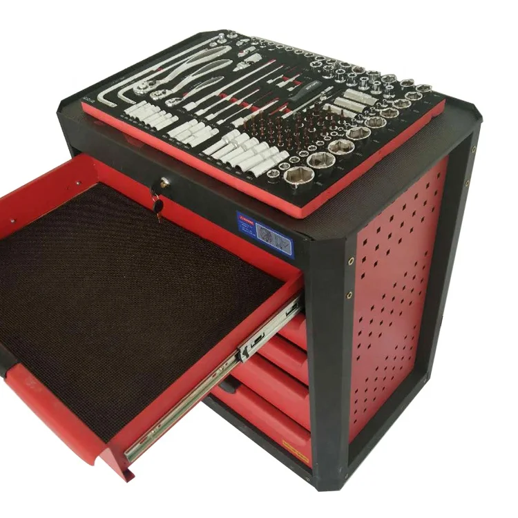 Caja de herramientas móvil personalizada de hierro rojo con ruedas.