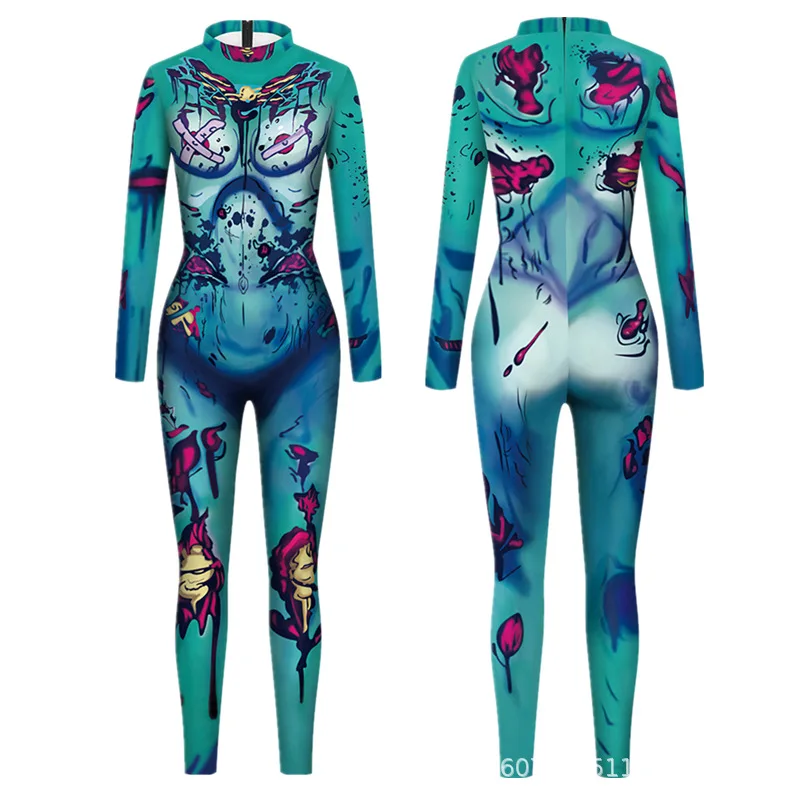 Halloween Sexy Damen Kostüm mit Digitaldruck, Karneval Bodysuit mit Reißverschluss, Party Cosplay Jumpsuit Outfit – Detail 15