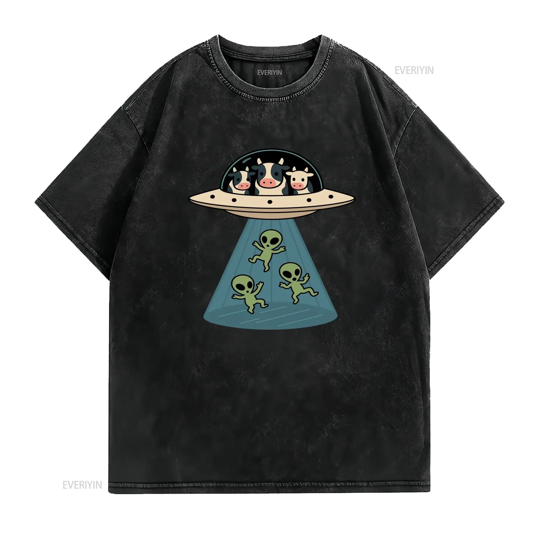 Funny Abduction T Shirt Humorous Cattle Mutilation with Abducting Aliens Print Casual Round Neck for Sci Fi Themed vintage