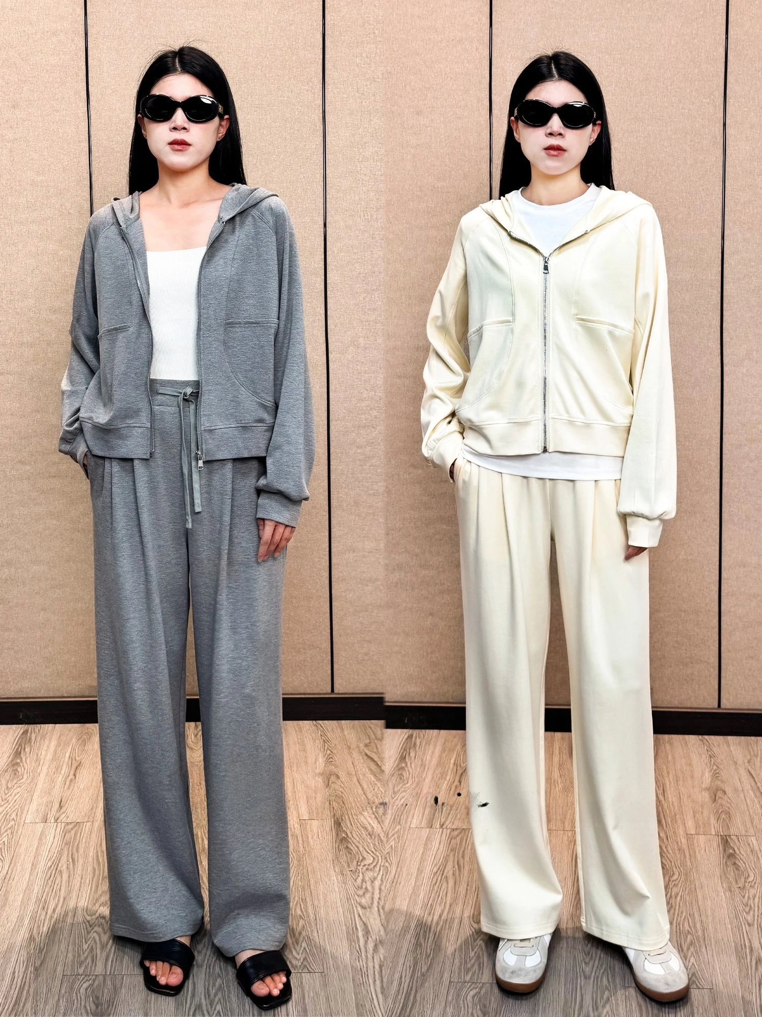 

Комплект из двух предметов: толстовка с капюшоном на молнии и брюки с широкими штанинами на резинке, женский, повседневный, удобный, из смесового хлопка