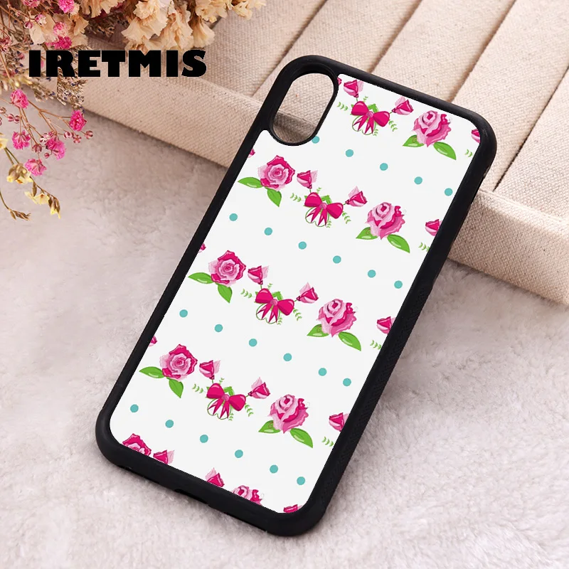 Iretmis Phone Cover Case For iPhone X XS Max XR 11 12 13 PRO MINI 14 15 16 Plus Rubber Silicone Pink Flowers Bows Floral