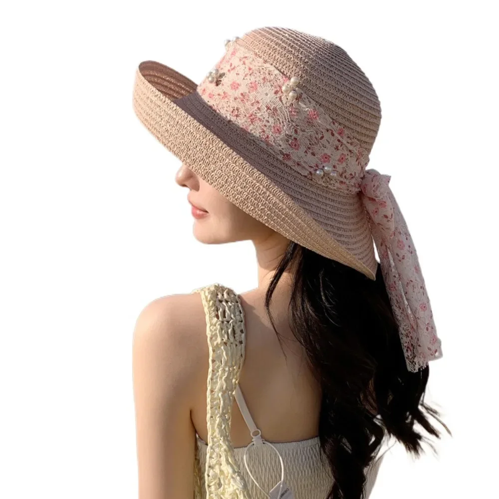 

Vacation Breathable Flower Fisherman Cap Large Brim Anti UV Lace Bowknot Straw Hat Adjustable Elegant Wide Brim Sun Hat Unisex