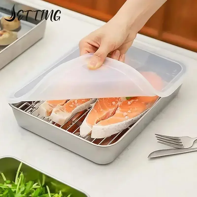 Stainless Steel Square Plate With Lid Rectangular Food Storage Pan Commercial Dish Tray Large Refreshing Lunch Box Container