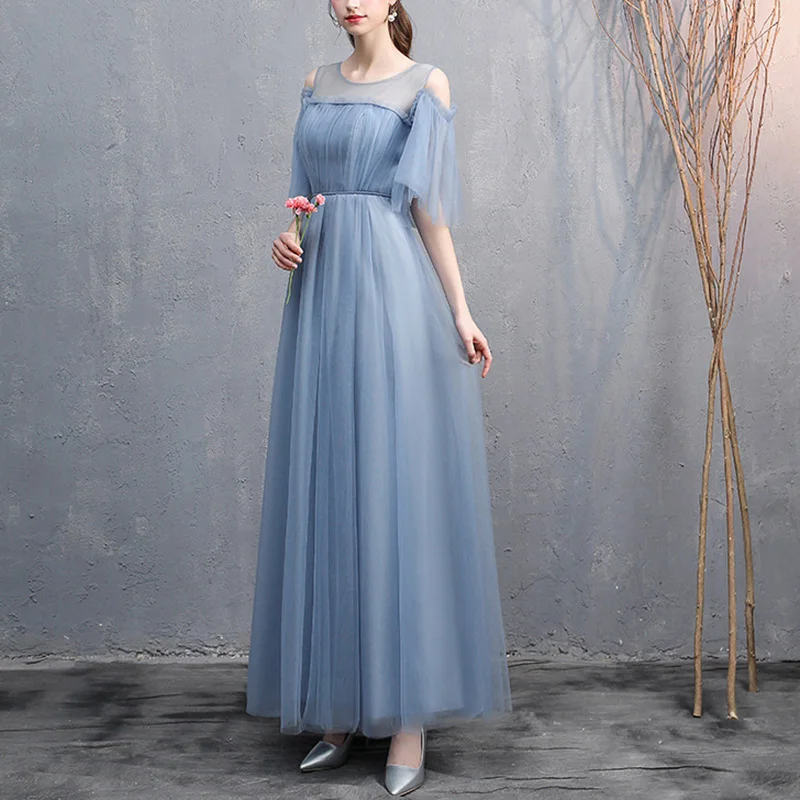 Grey And Blue Tulle Long Evening Dress For Women Wedding Party Simple And Elegant Formal Dress Bridesmaid Dresses With Bow