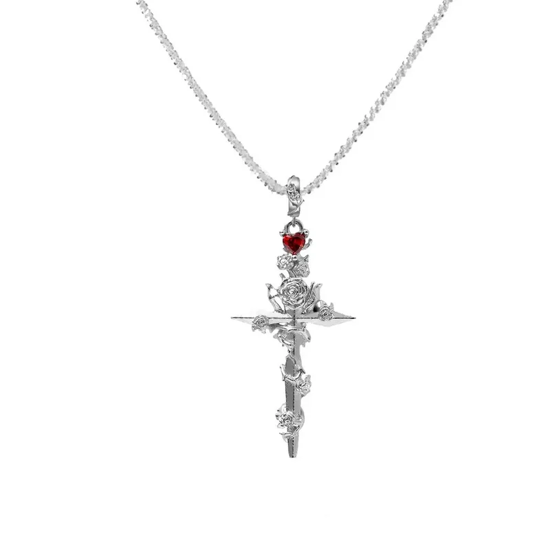 Ornate Silver Gothic Rose Cross Necklace Gothic Jewelry Statement Necklace Cross Pendant Gifts Classic Goth Necklace Daily Wear