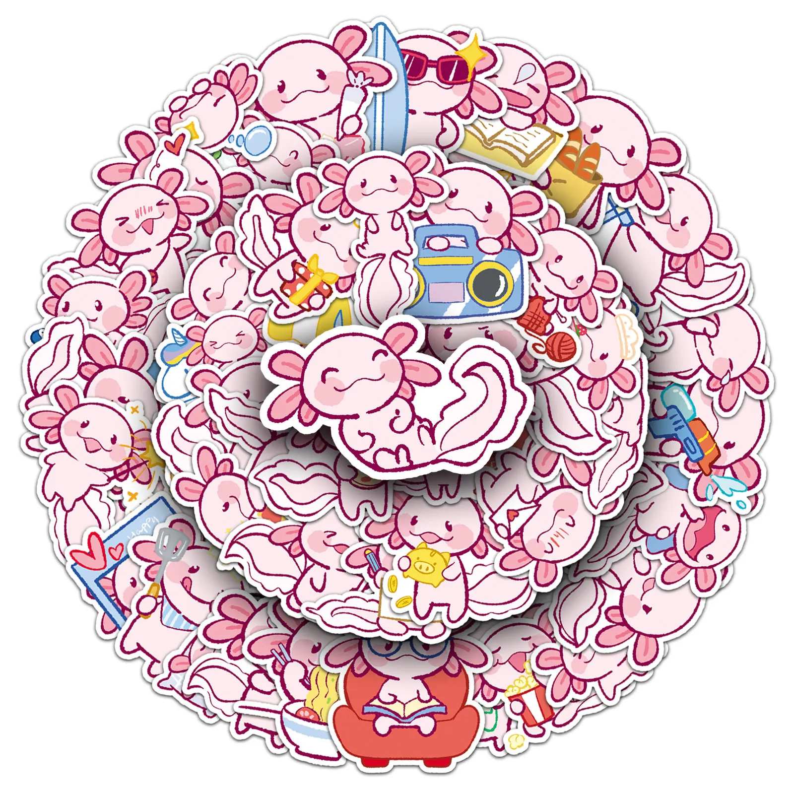 Cute Pink Axolotl Stickers 100Pcs Waterproof Cartoon Decals For Laptop Water Bottle Helmet Fridge Wardrobe Diy Decor
