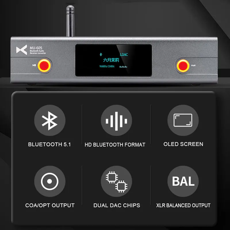 XDUOO MU-605 HD Bluetooth 5.1 Audio Receiver Converter 2x ES9018K2M DAC PCM24Bit/96kHz Support SBC AAC aptX aptX LL aptX HD LDAC