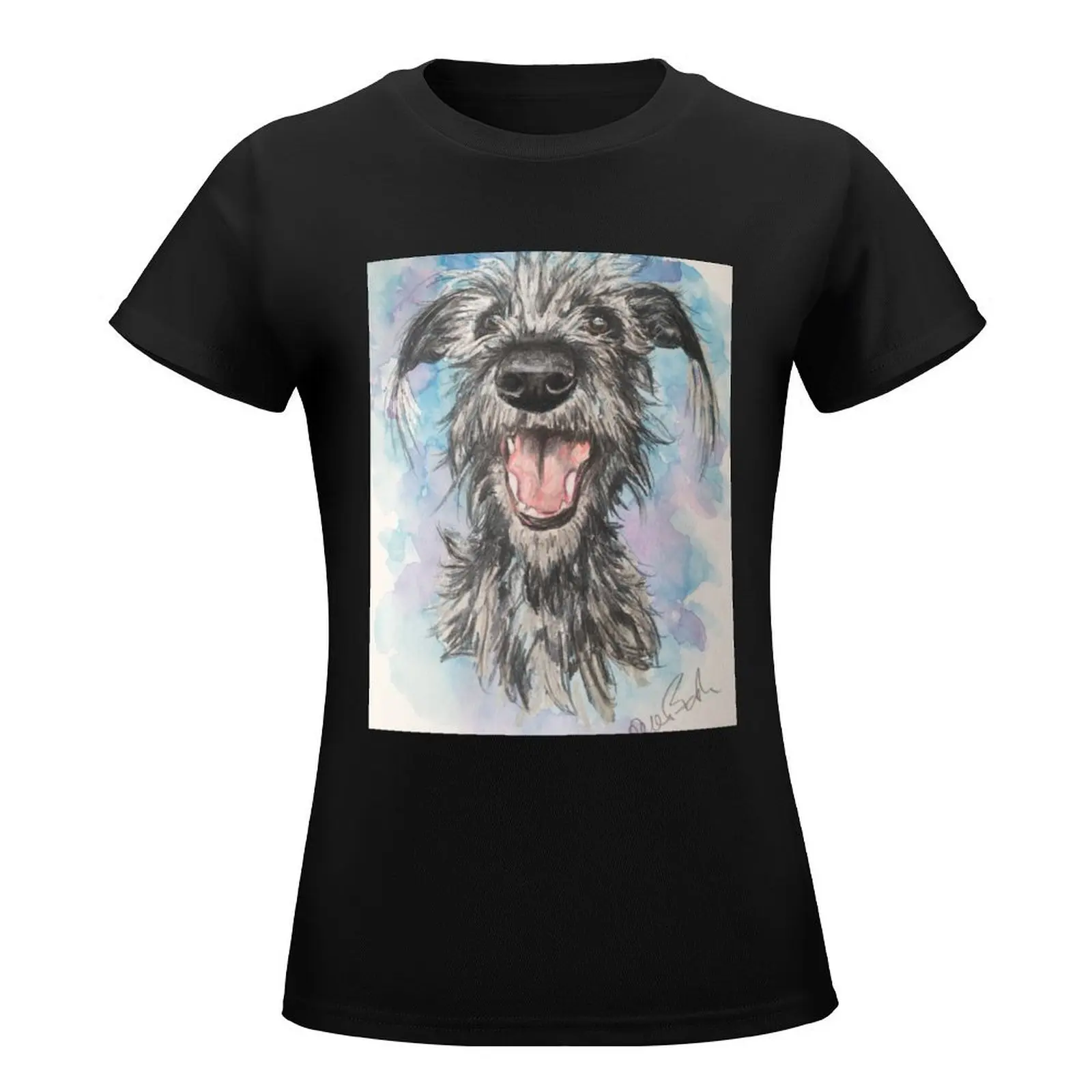 Scruffy Lurcher, watercolour background T-Shirt plus size tops lady clothes hippie clothes Woman fashion