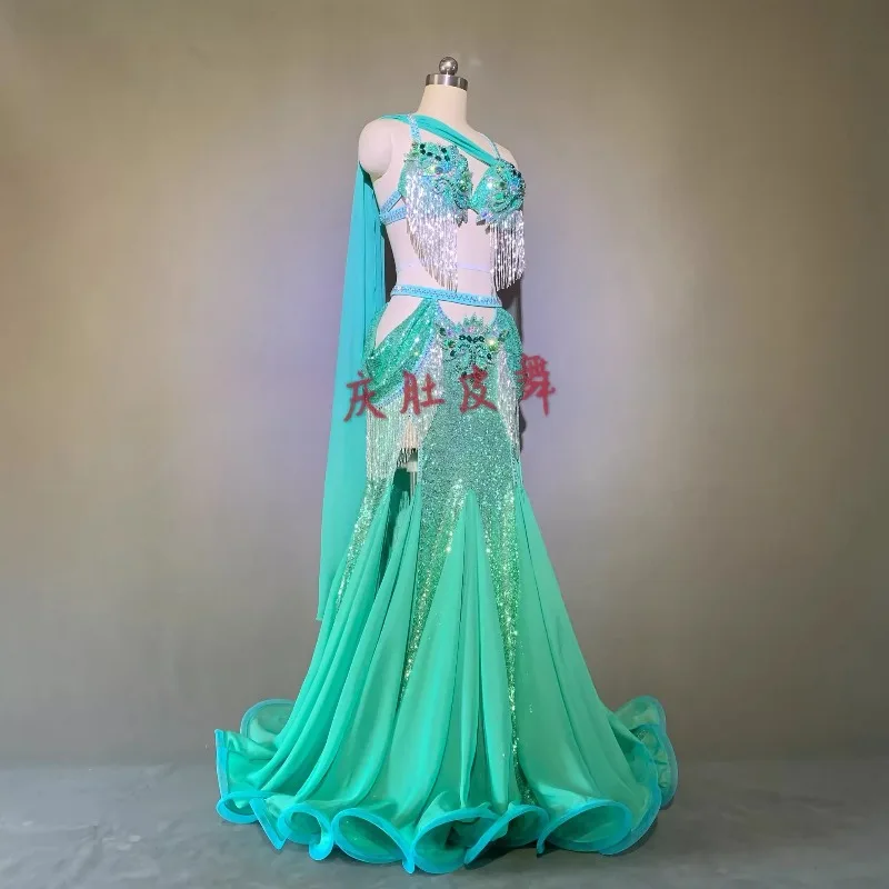 Costume de spectacle de danse du ventre personnalisé, taille haute, queue de poisson menthe, grande jupe, Costume de danse orientale, soutien-gorge de danse du ventre pour femmes