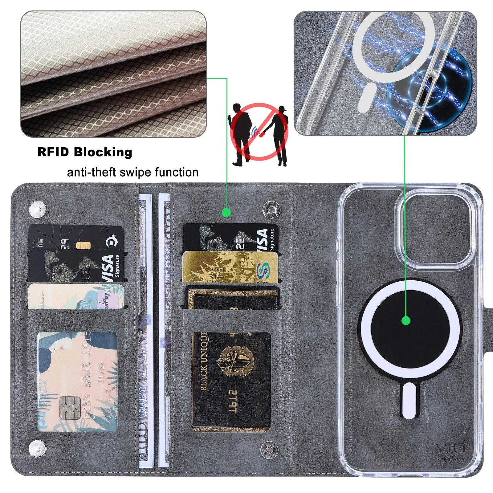 Removable Wallet case (RFID Blocking) CardHolder Magnetic Wireless Charging Magsafe Case For iPhone 16 15 14 13 Pro Max Plus