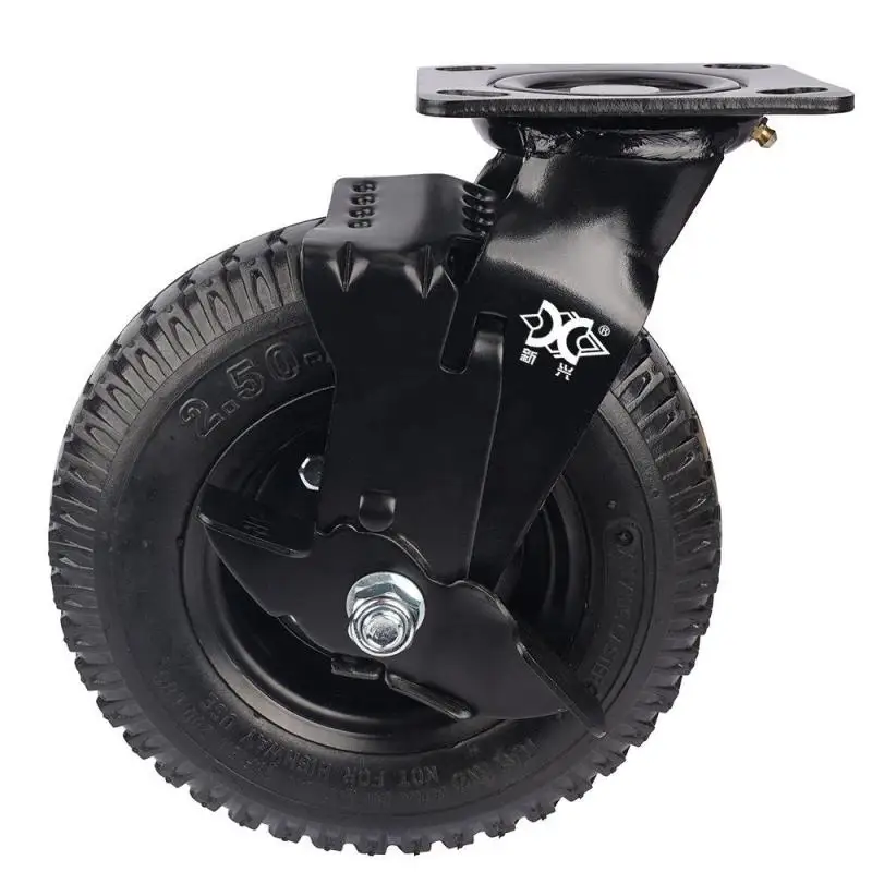 1 Pc Heavy-Duty 8-Inch Pneumatic Rubber Wheel with Side Brake for Hotel Luggage Cart Universal Air Caster