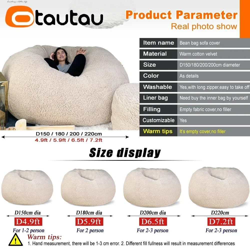 OTAUTAU King Size Giant Sofa Sac Pouf Cover No Filling Soft Fluff Bean Bag Chair Puff Couch Floor Corner Seat Futon DD007