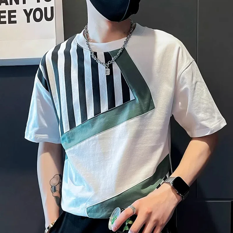 

Korean Splicing Boyfriend Summer All-match 2024 New Pullover O-Neck Striped Fashion Minimalist Casual Short Sleeved T-shirt Tops
