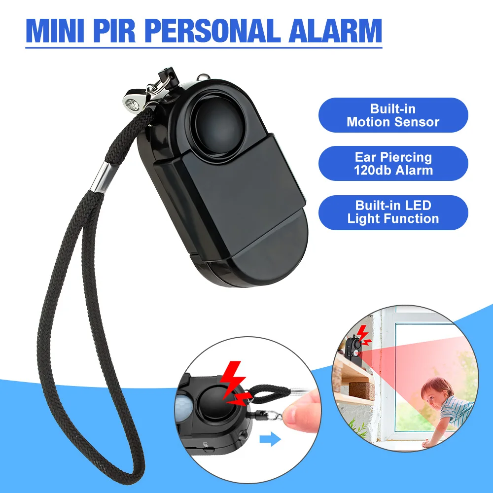 แบบพกพา Mini Motion Detector Alarm 120DB ไซเรน SOS ไฟฉาย LED Light Security Alarm สําหรับ Travel Home เด็กปลอดภัยสัญญาณเตือนภัยส่วนบุคคล