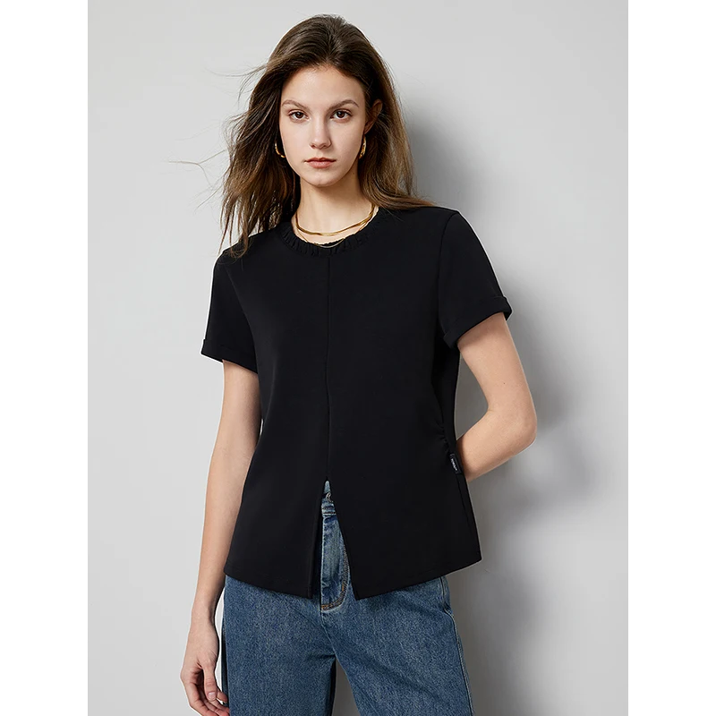 TOYOUTH Women T shirt 2024 Spring New Split Hem O Neck Slim Sexy Tees Diagonal Buckle Design Short Sleeve Tee Tops Black