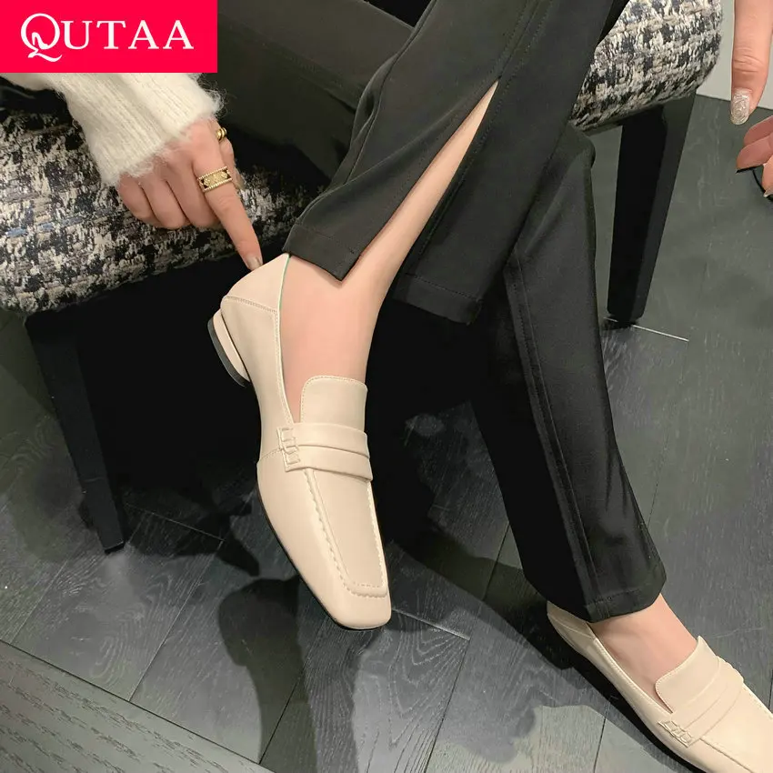 

QUTAA 2023 Women Genuine Leather Pumps Low Heels Casual Working Shoes Square Toe Woman Spring Summer Newest Size 34-39