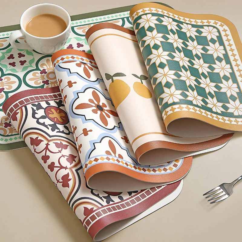 Retro American Heat Resistant Placemat Oil-Proof Waterproof PU Leather Dining Room Table Mat Kitchen Tableware Bistro Bar Home