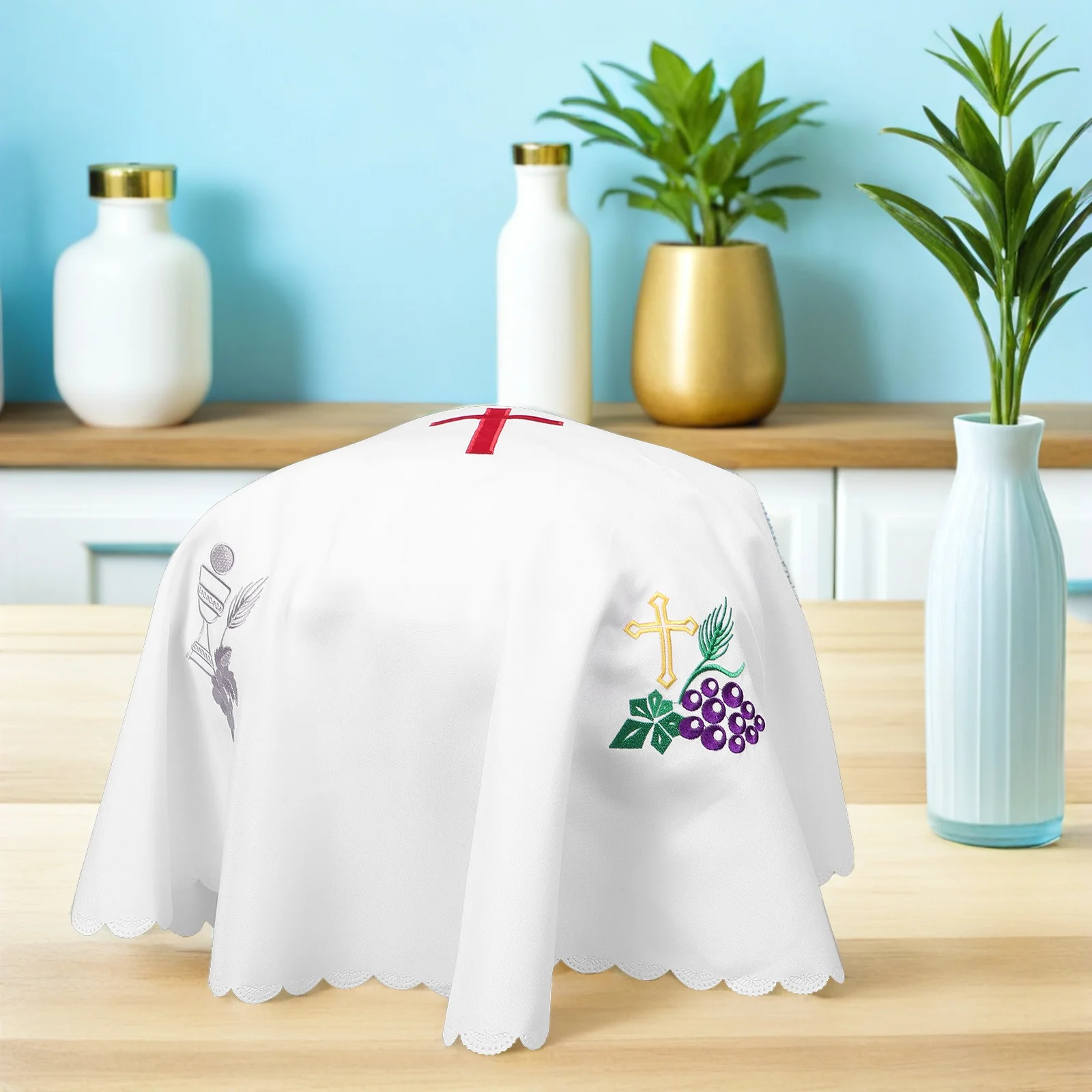 

Round Communion Table Cover Embroidered Thickened Polyester Church Tablecloth Wrinkle Resistant Dustproof For Baptism