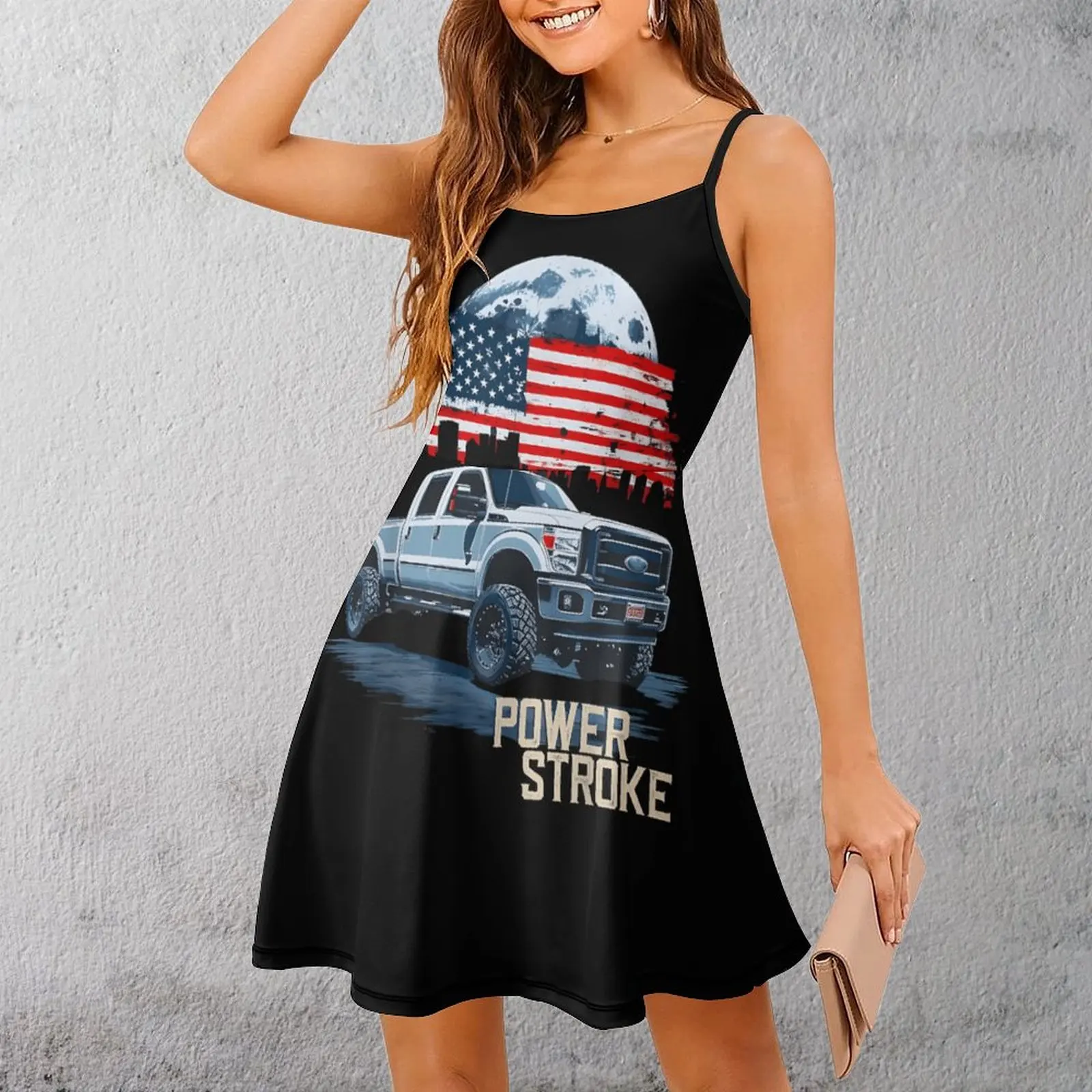 

Американский флаг Power Stroke Truck Женское платье на бретельках Юмор Графические платья Повседневное сексуальное женское платье с графикой Коктейли