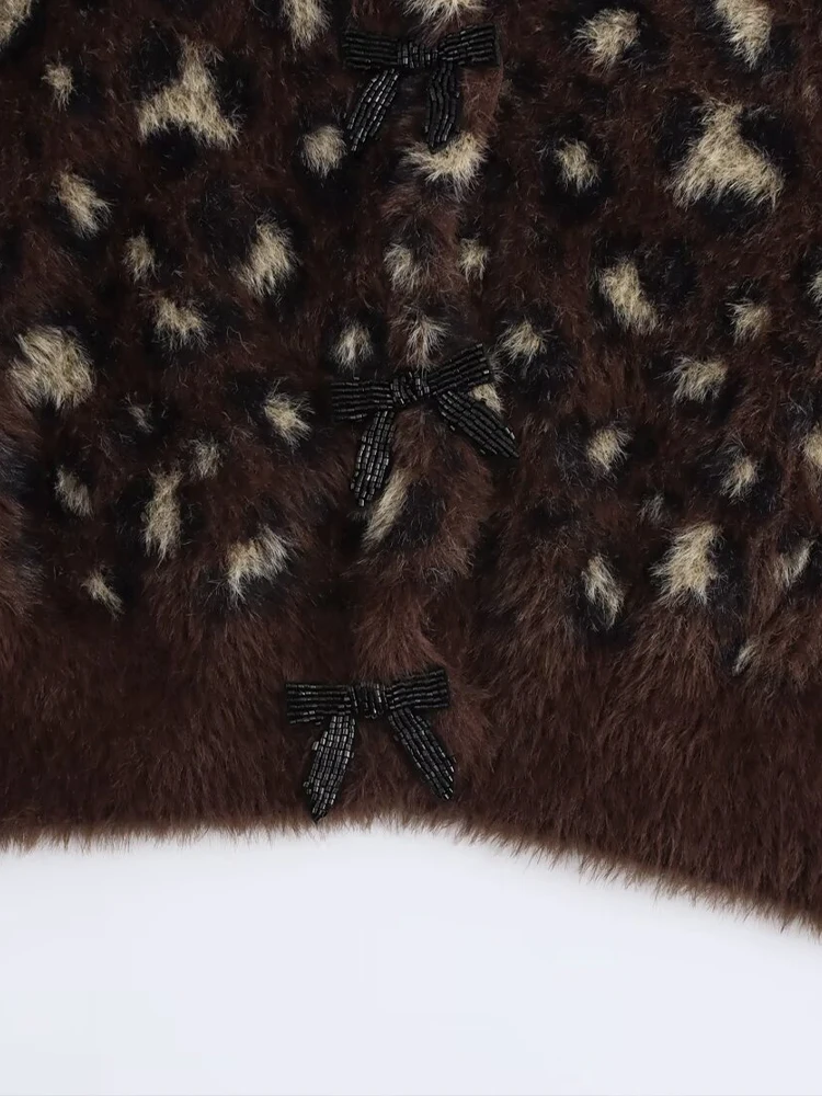 Brown leopard print plush short bow thick mink fleece sweater knitted cardigan coat for women winter