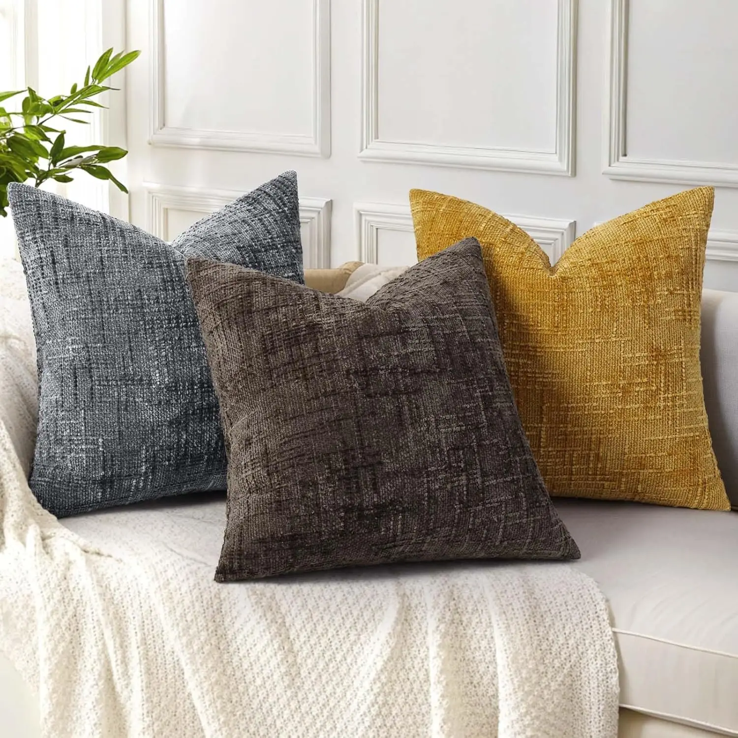 Grey Cream Decorative Throw Pillow Covers Soft Chenille Tweed Textured Cushion Case,Modern Home Decor for Couch Bed Living Room
