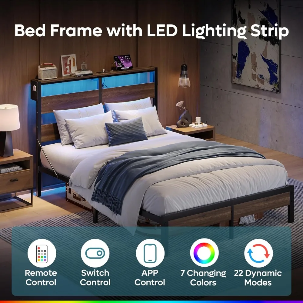Bestier Full Bed Frame with Headboard Storage and Charging Station, Walnut Platform Bed Frame with LED Light, Non-Slip Metal Bed
