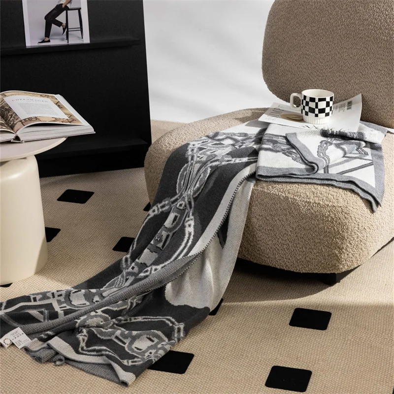 Horse Chain Knitted Blanket Brown Bedspread Modern Orange Decorative For Sofa Throw Warm Living Room Bedding Home Decorations
