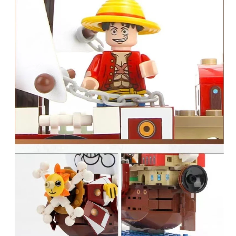 One Piece Anime Navio Blocos de Construção Brinquedo, Modelo Luffy, Super Fofo, Mini Barco, Indo Feliz, Action Figure, 23cm