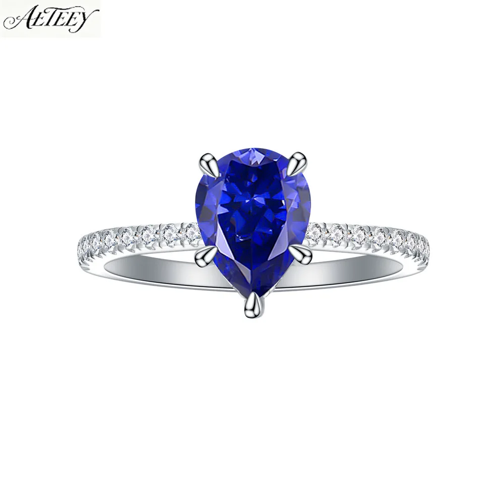 AETEEY S925 Silver Teardrop Synthetic Sapphire Ring Sparkling Elegant Women Daily Stackable Finger Jewelry