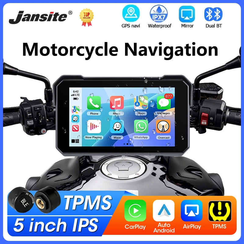 

5 inch Motorcycle Touch Screen Navigation GPS Wireless CarPlay Android Auto Bluetooth IPX7 Waterproof Moto Monitor Support TPMS