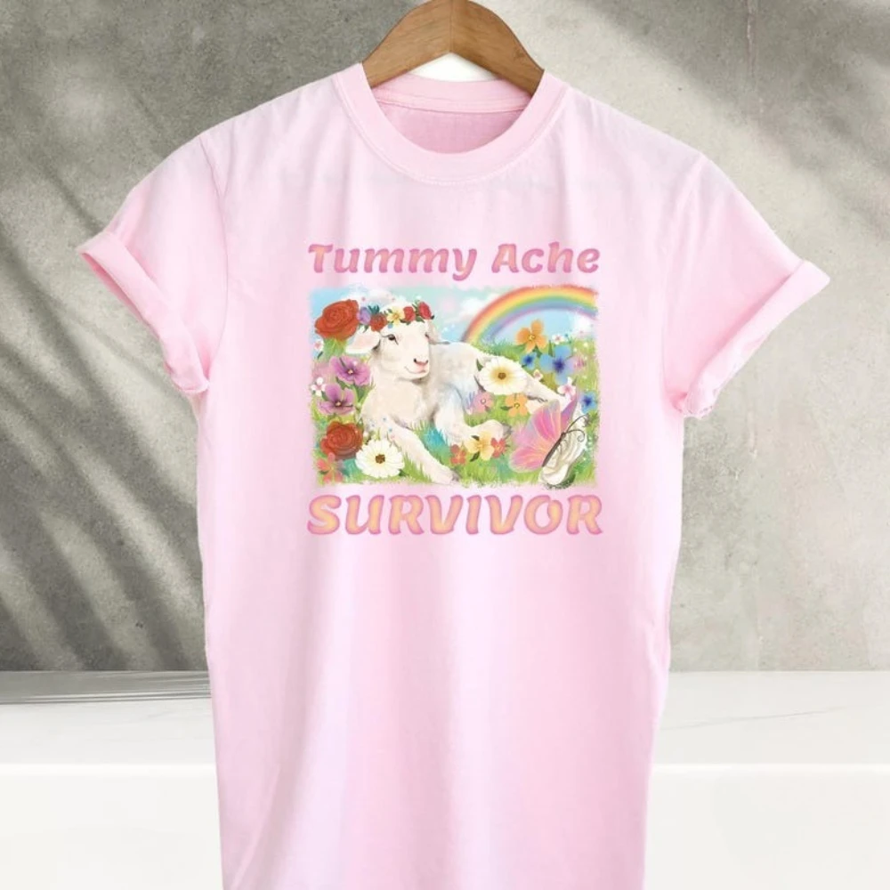 Tummy Ache Survivor Lamb Tshirt Cute Lamb Shirt Vintage T Shirt T-Shirt Funny Women Casual Cotton Tshirts Roupas Feminina