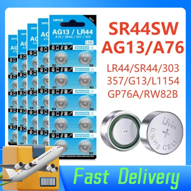 

1,55 В AG13 LR44 Кнопочные батарейки LR 44 L1154 RW82 SR1154 SP76 pila SR44 A76 LR1154 GP7 Cell Coin Watch Toys Дистанционная батарея