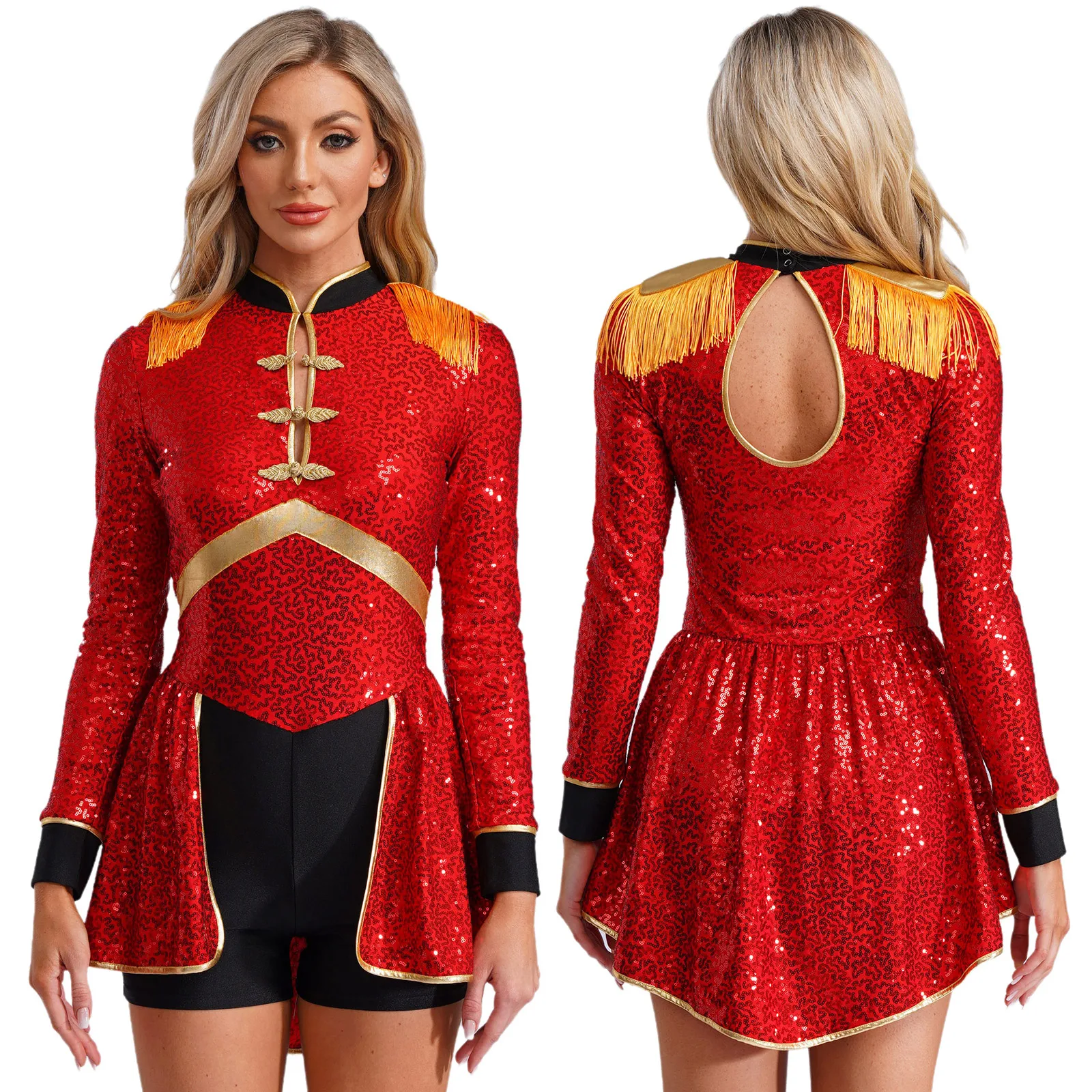 Women Long Sleeve Sequin Modern Dance Bodysuit Dress Halloween Carnival Circus Ringmaster Magician Band Drummer Cosplay Costume