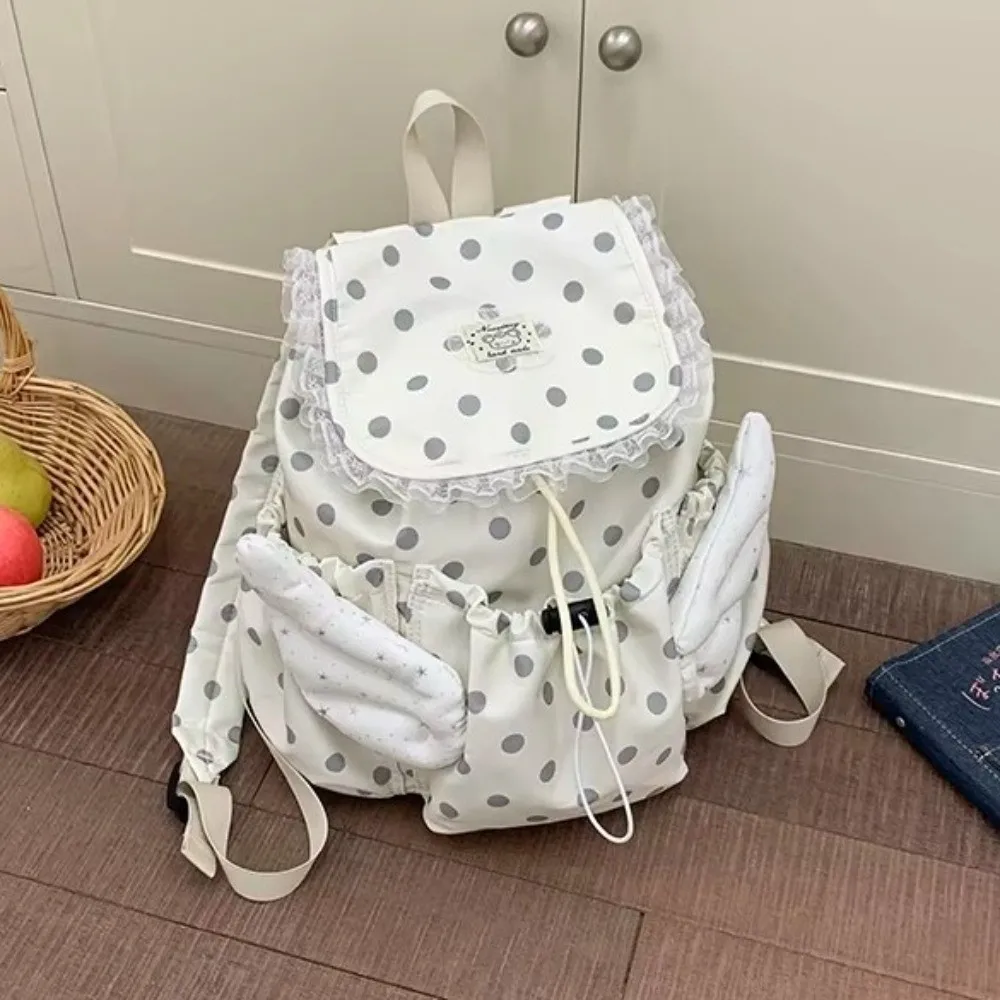Polka Dot Pattern Drawstring Backpack Angel Wings Large Capacity School Daypack Lace Trim Adjustable Drawstring Travel Backpack