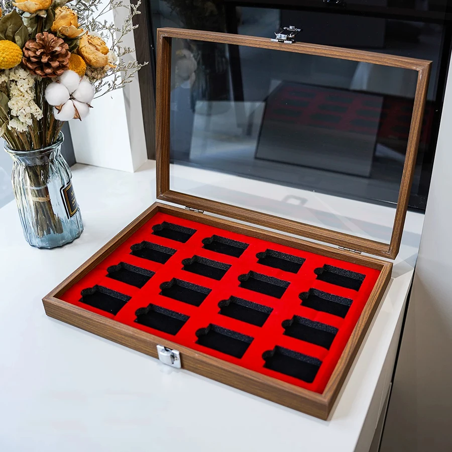 16-Compartment Walnut Wood Lighter Storage Box, Display Dustproof Storage Case, Exquisite Creative Personalized Collectible Box