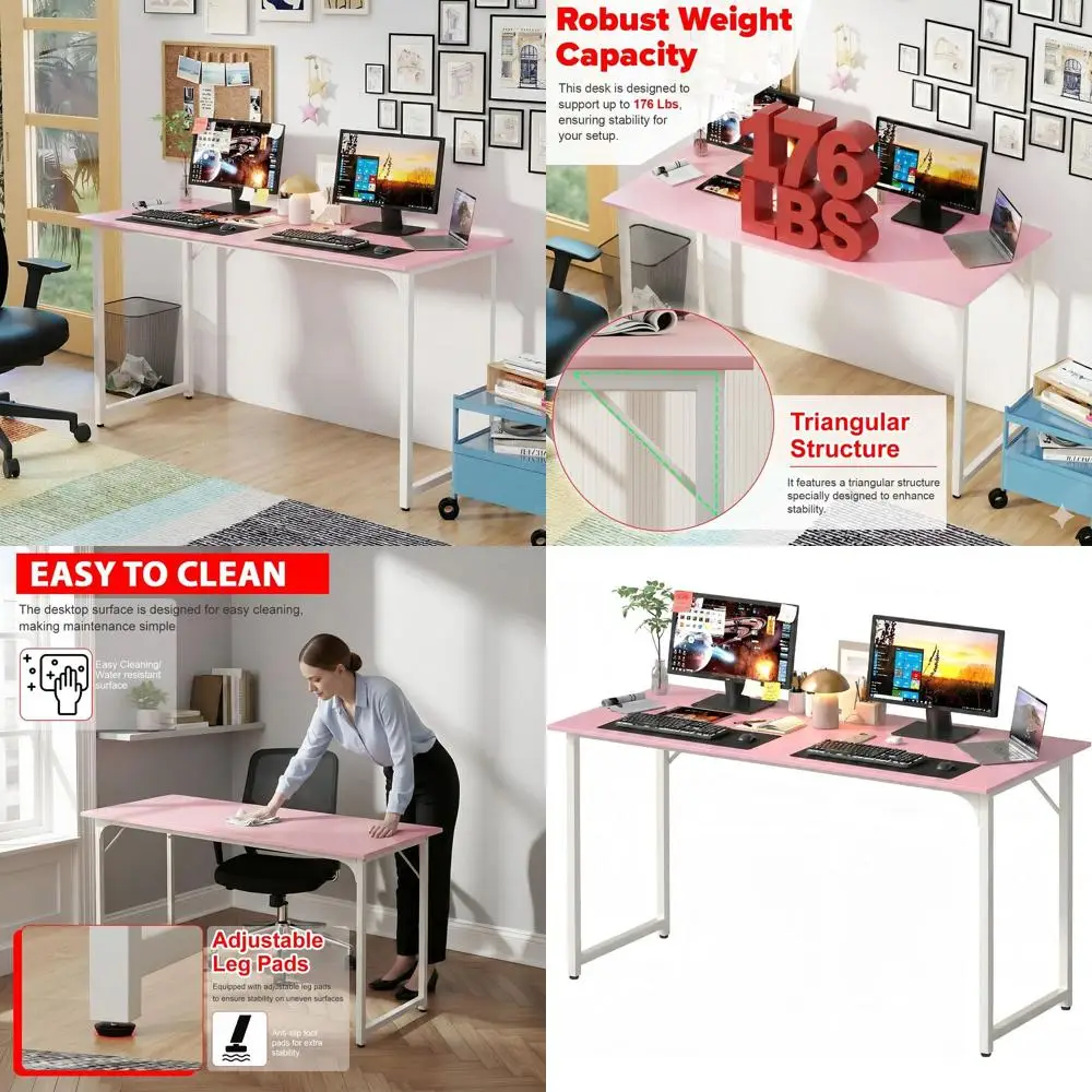 

55 Pink Metal Frame Adjustable Height Desk, Water-Resistant Scratch-Proof Surface, Sturdy Home Office Study Table, Pack of 1