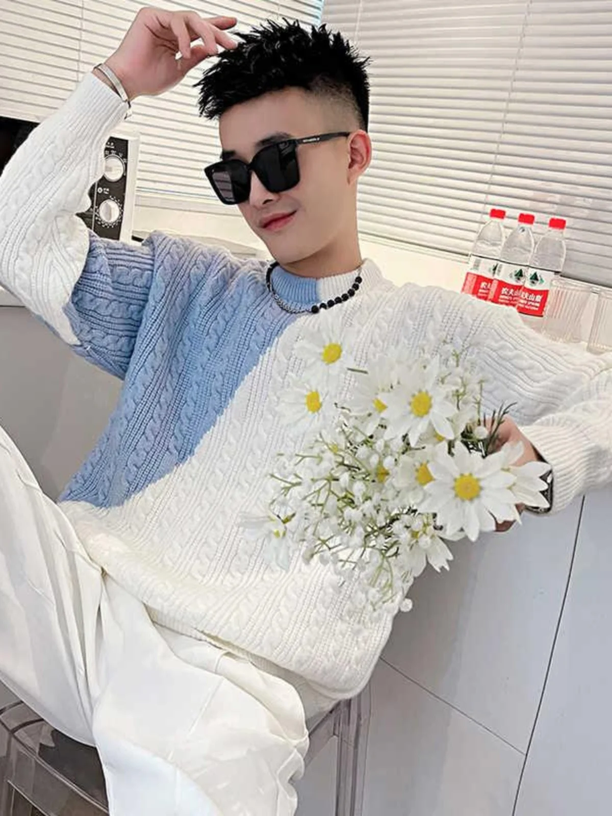 

2024 New Trendy Brand Color Blo Autumn Winter Haome Patchwork round Ne Knitted Long Sve Men's Base irt Top
