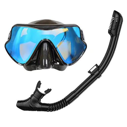 Imagen 1 del producto Máscara de snorkel con espejo, juego de tubos de respiración superiores secas, gafas de natación de buceo de silicona, lentes de vidrio templado recubiertas coloridas para adultos